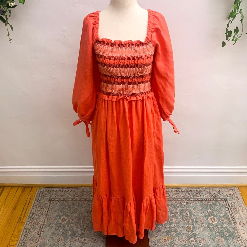 Cara Cara Cloral Smocked Jazzy Linen Midi Dress‎ XL